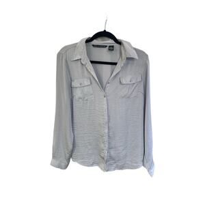 Metallic Sheer Button Up Blouse with Front Pockets